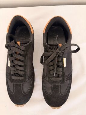 Zara Black Sneakers with Tan Heel Trim